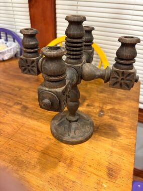 Vintage Brown Wooden Candelabra